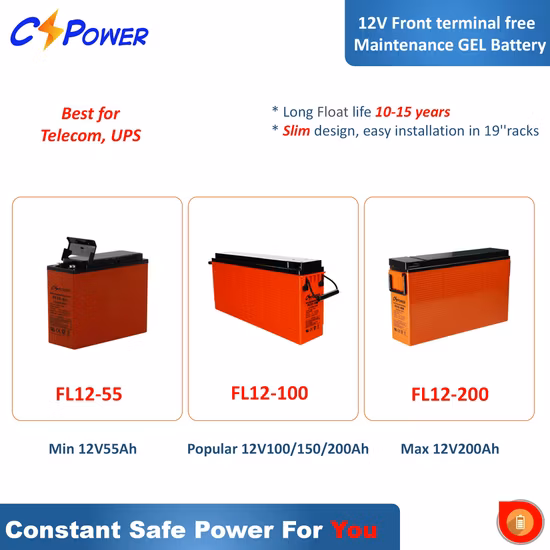 Batterie terminale avant du gel 12V 200ah de cycle profond de longue durée pour la sauvegarde de télécom
